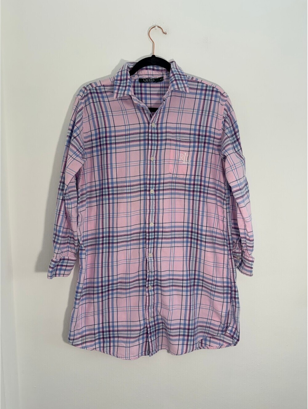 Lauren Ralph Lauren Pink Plaid Cotton Pajama Shirt Top Sleepwear Button Front